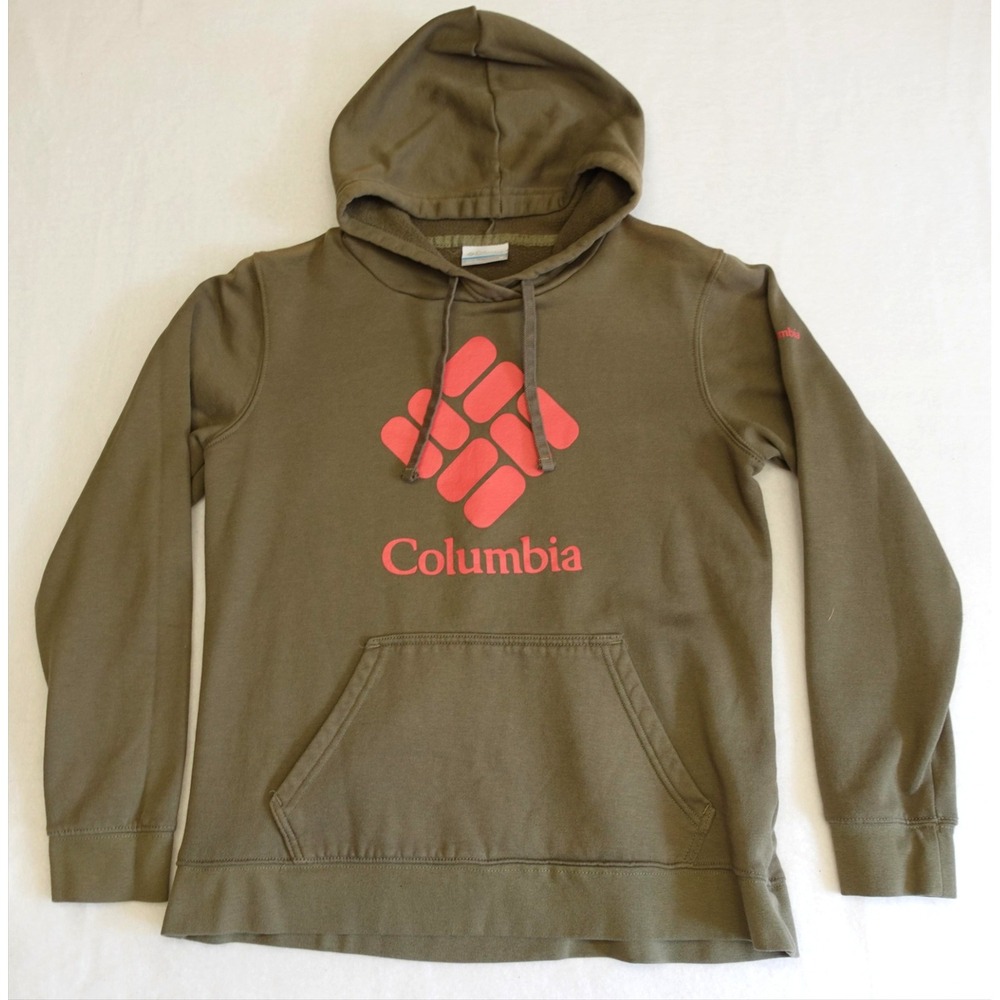 Columbia Hoodie Womens Small Green Fleece Pullover Sweatshirt Graphic Logo